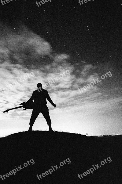 Young Man Guitarist Night Stars Clouds