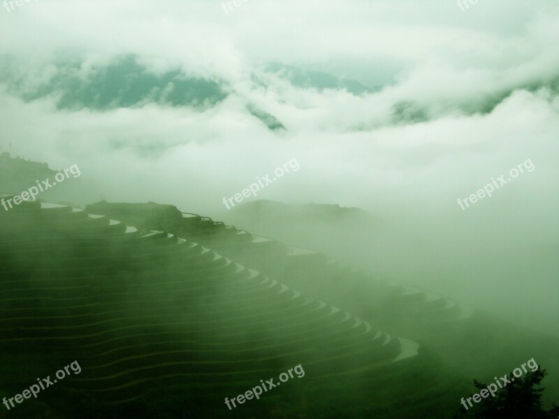 Guilin Dragon's Back Terrace Foggy Road Autumn