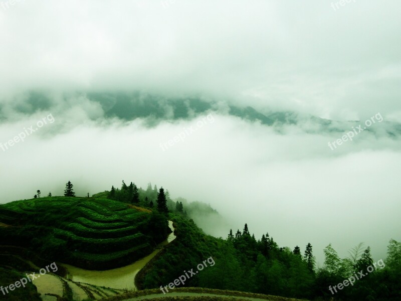 Guilin Dragon's Back Terrace Foggy Road Autumn