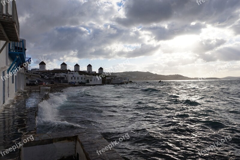 Mykonos Sea Greece Windmill Island