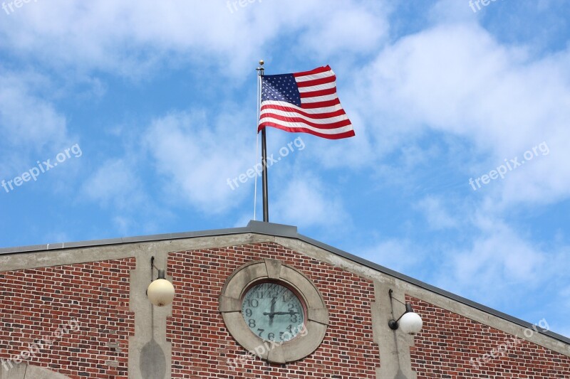 American Flag Clocktower Clock Tower Clock Landmark