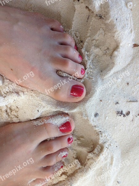 Feet Nail Varnish Red Sand Beach