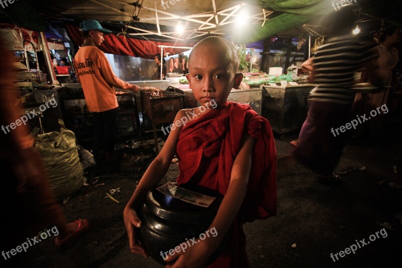 Myanmar Yangon China Street Young Monk Neophyte