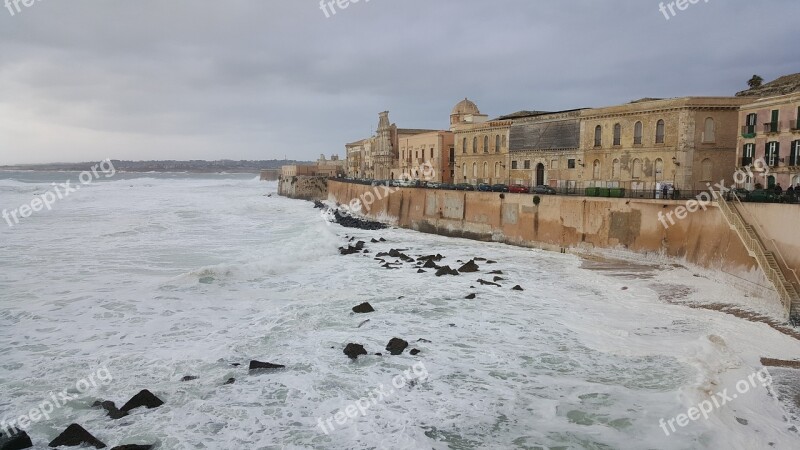 Syracuse Sicily Sea Waves Sea Storm