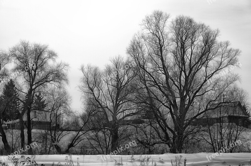 Winter Village Bw Snow Russia