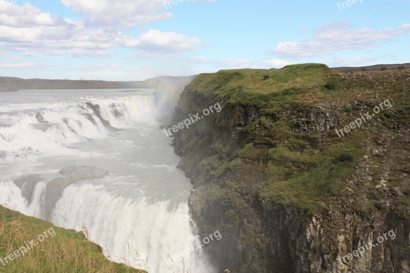 Gullfoss Waterfall Iceland Water Masses Rainbow