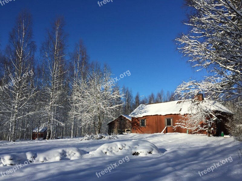 Farm Snow Finland Blue Sky Snowy