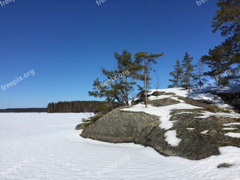 Frozen Lake Blue Sky Finland Blue Winter