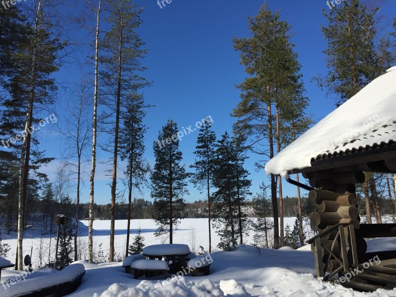 Log Cabin Finland Snow Blue Sky Winter Landscape