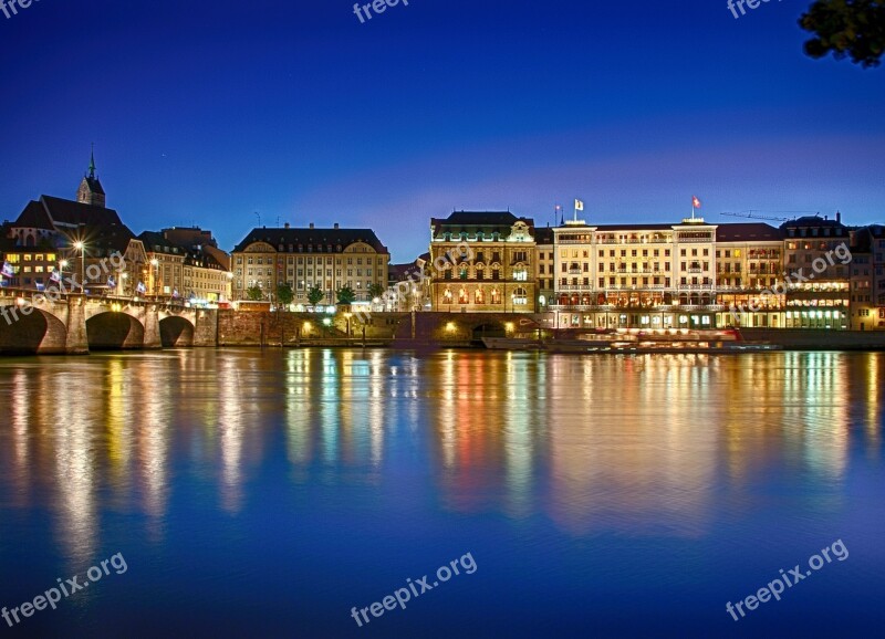 Basel Rhine Blue Hour Mirroring Lights