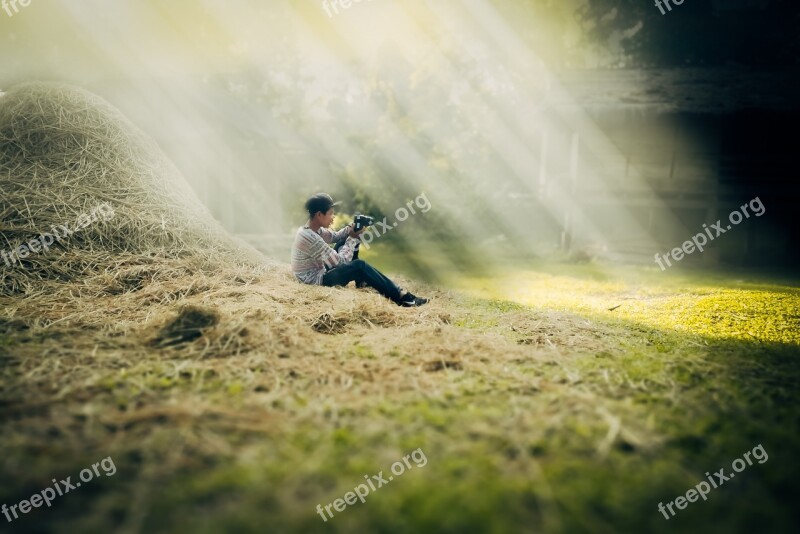 Farmer Laos Boy Countryside Stack Of Hay