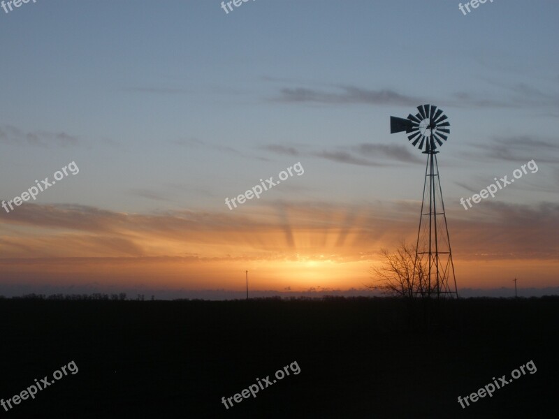 Windmill Farm Sunrise Kansas Daybreak