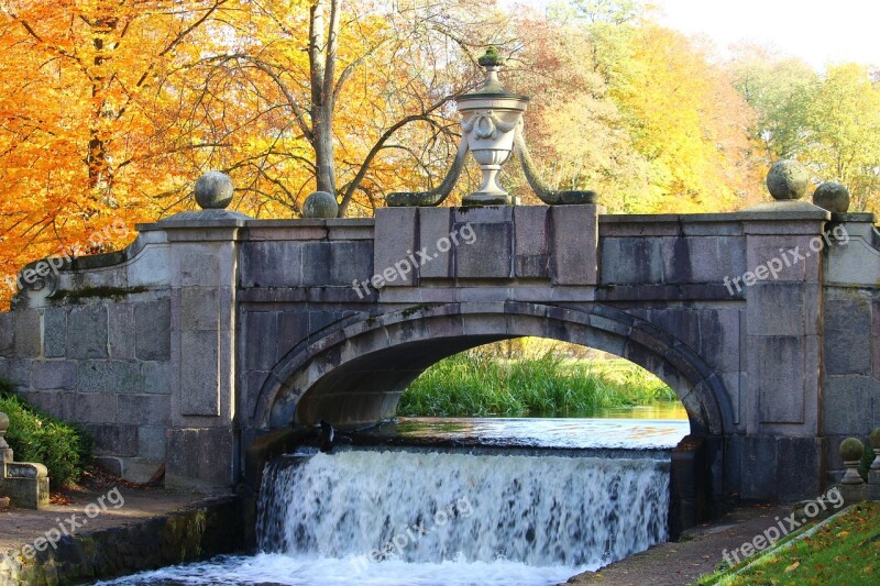 Bridge Waterfall Autumn Fall Foliage Castle Park