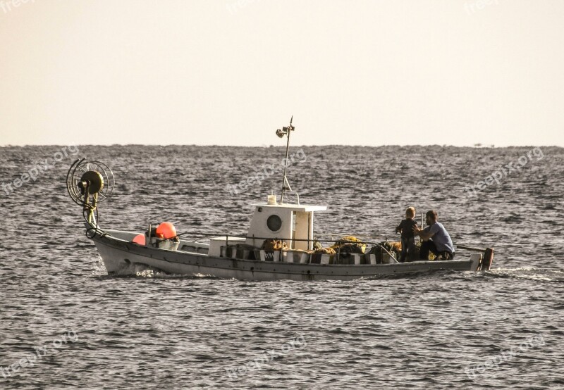 Boat Sea Father And Son Fishing Leisure