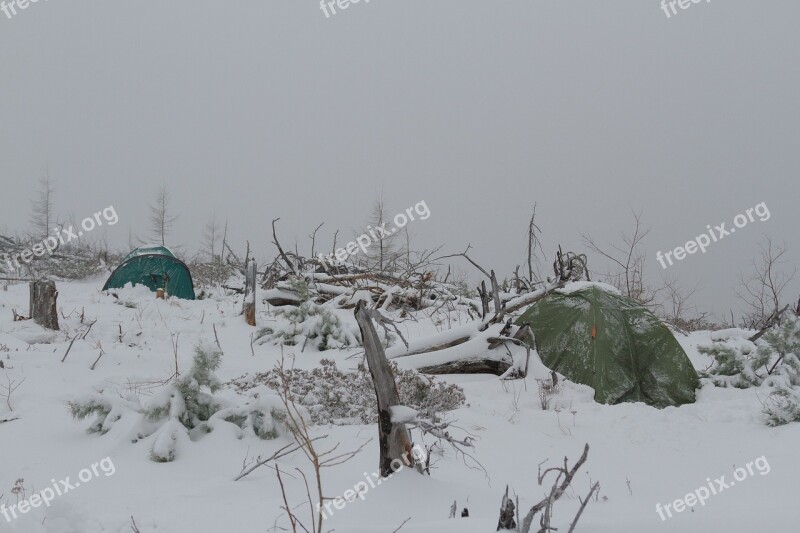 Tents Mountains Winter Far East Snow