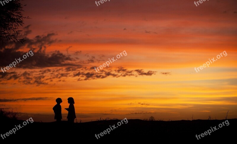 Sunset Landscape Silhouettes Children Talking