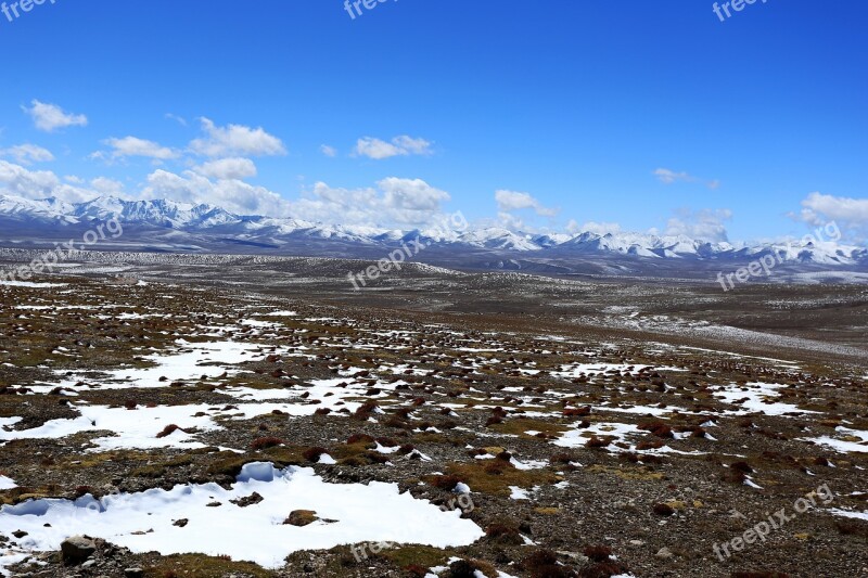 Snow Grassland Blue Sky White Cloud Views