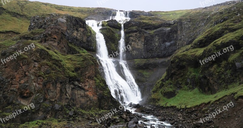 Iceland Waterfalls Green Volcanic Rainy