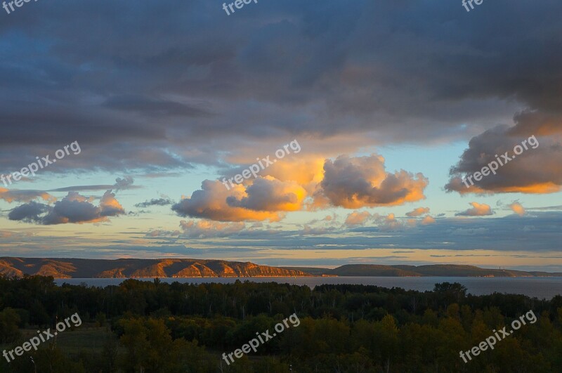 Sky Clouds River Sunset Landscape