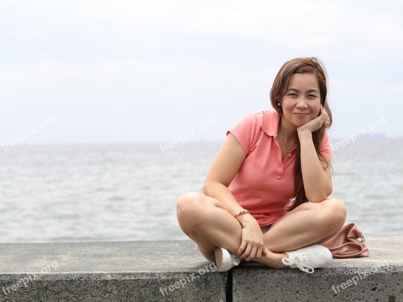 Woman Sitting Pier Sea Smile