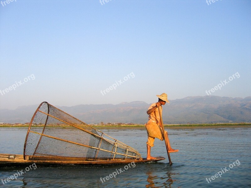 Burma Fishing Quiet Sea Man Boat