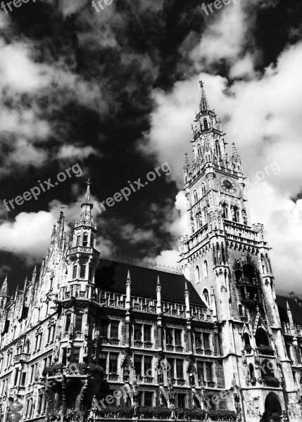 Town Hall Munich Marienplatz Landmark Black And White