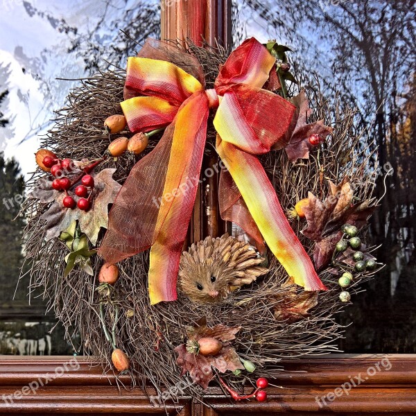 Autumn Door Wreath Decoration Of Artificial Material In Orange - Red Shades Of Brown