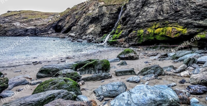 Rocks Sea Waterfall Coast Cornwall