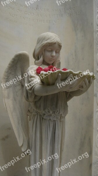 Tombstone Statue Angel Child Holding Shell