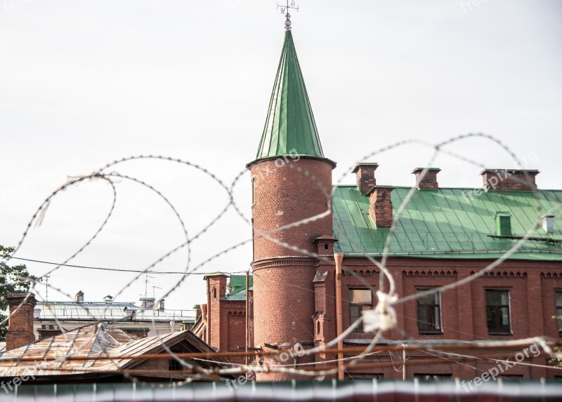 Barbed Wire Tower Brick Architecture Blue Sky