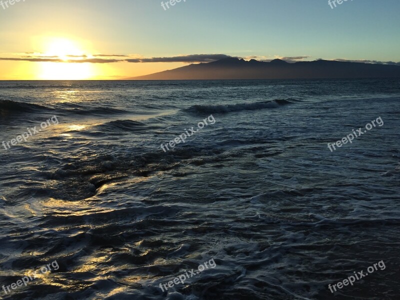 Sunset Ocean Hawaii Swell Waves