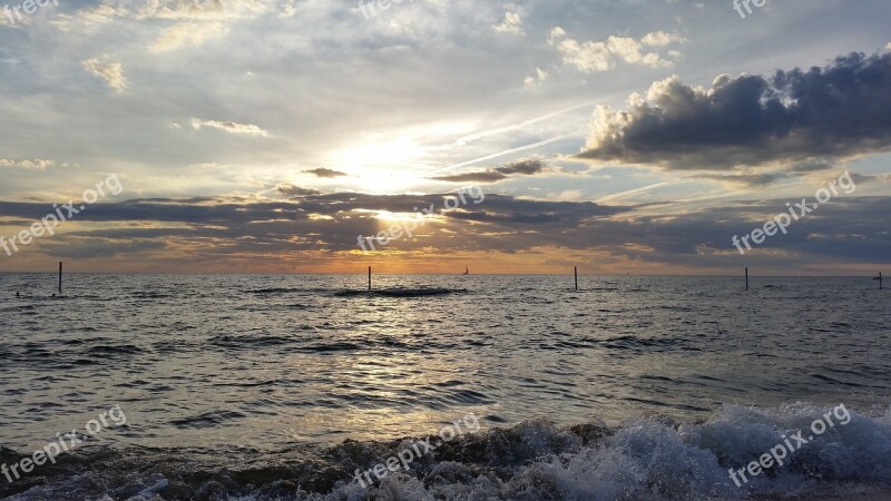 Sunset Lake Michigan Beach Waves Clouds