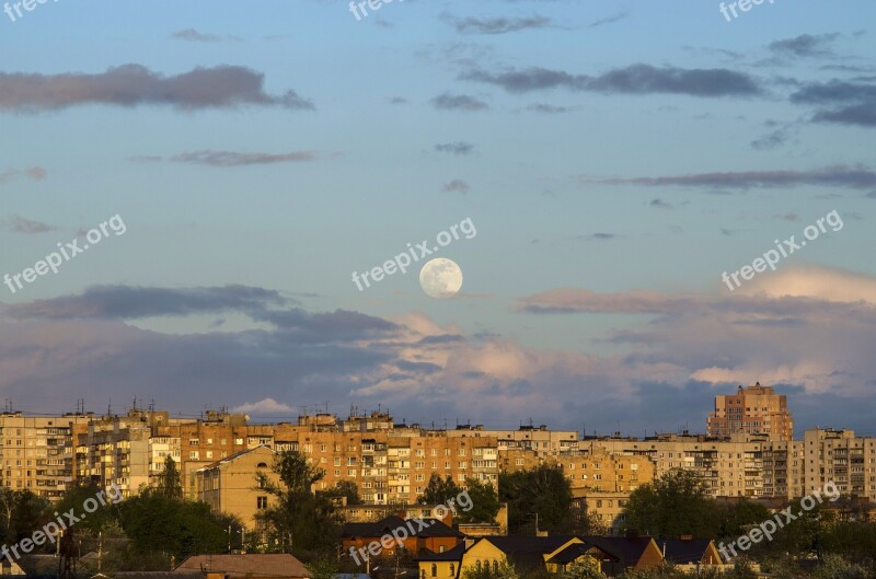 Moon Sunrise View Of The City Clouds Building