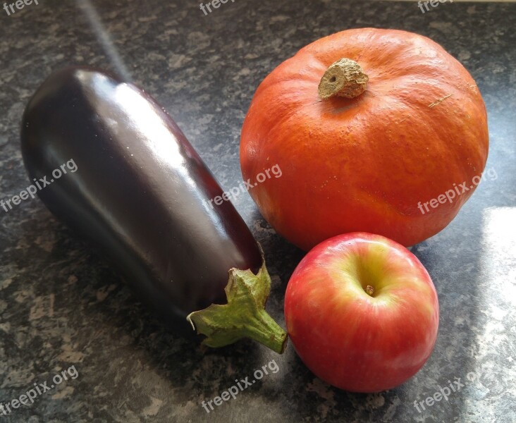 Eggplant Pumpkin Apple Still Life Vegetables