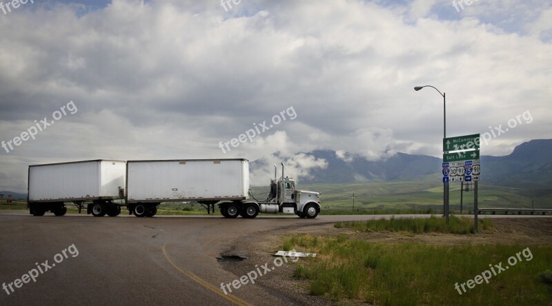 Semi Truck Truck Double Trailer Highway Junction