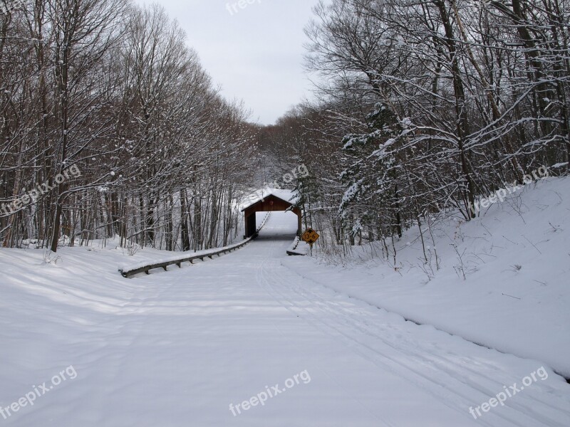 Landscape Winter Snow Scenic Covered Bridge