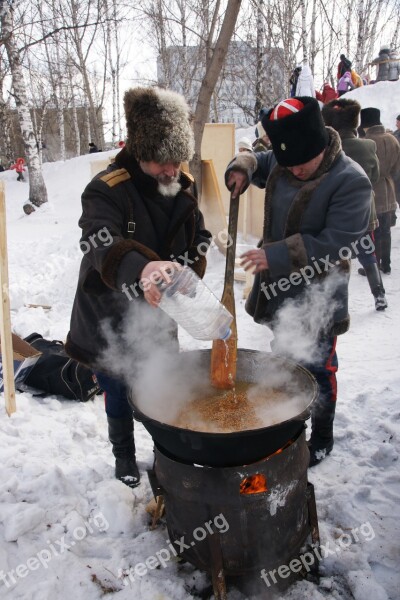 Carnival Folk Festival Cooking Pilaf Winter Siberia