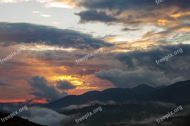 Sunset Autumn Clouds Mist Nightfall