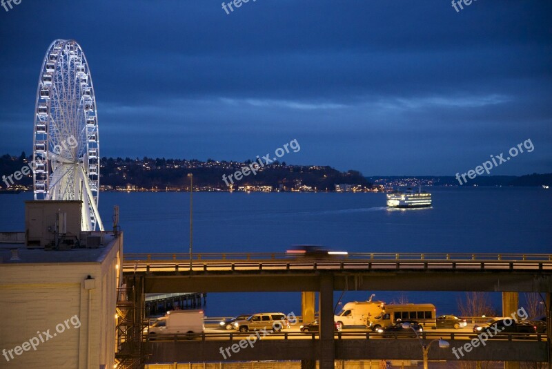 Seattle Nighttime Waterfront Ferry Viaduct