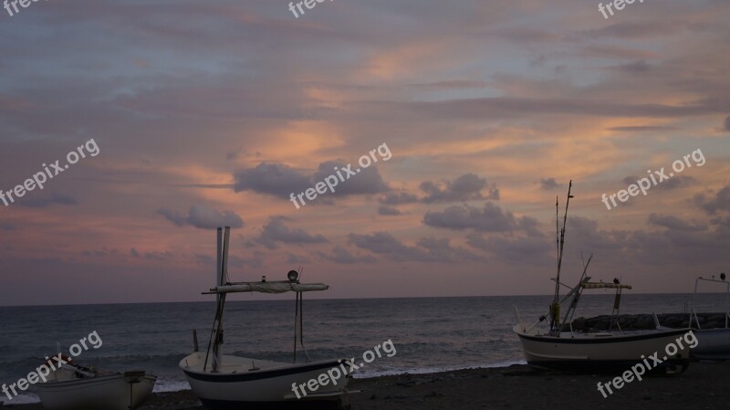 Sunset Sea Boats Sailboats Clouds