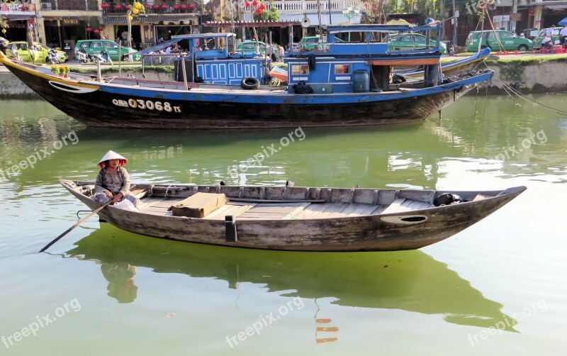 Viet Nam Hoi Boat Fishermen Reflections