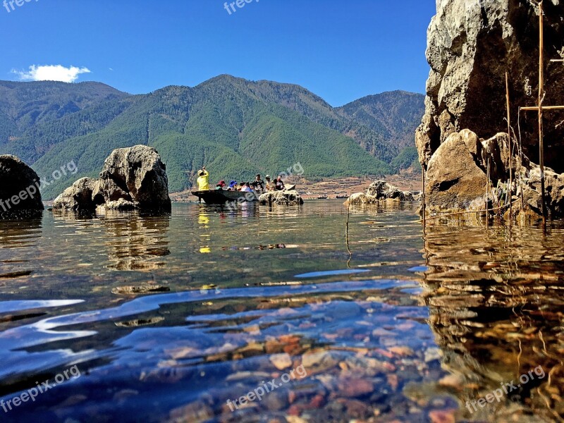 Mountains And Rivers Lake Pleasure Boat Be Quiet Blue Sky