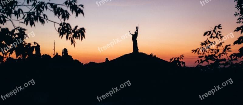 Tree Fragment Sunset Statue Evening