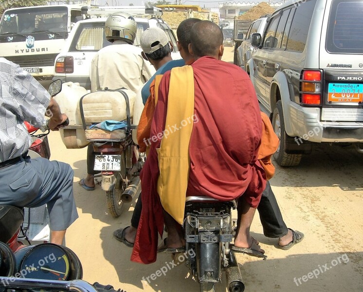 Transport Moped Monk Traffic Jam Laos