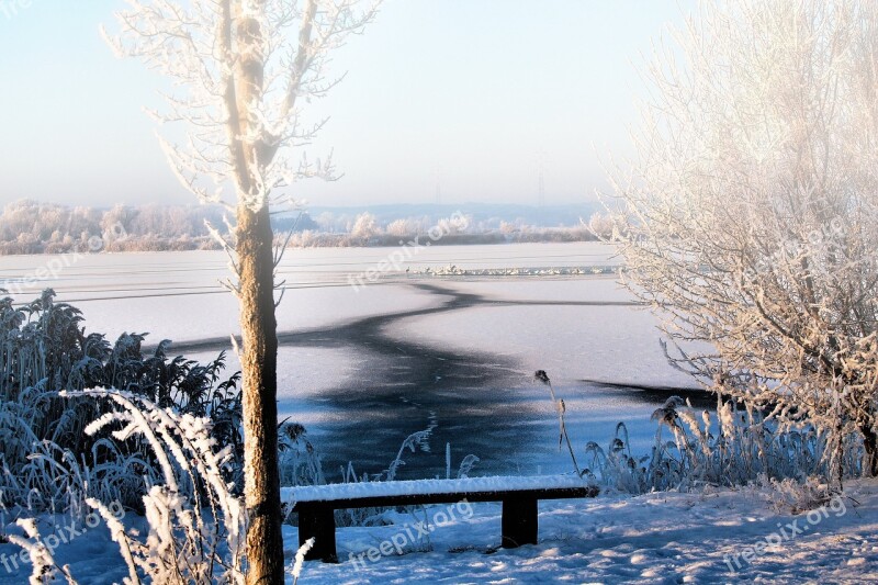 Landscape Lake Frozen Swans Winter Impressions