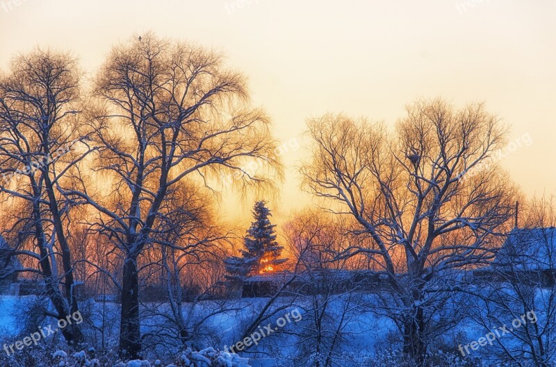 Winter Village Countryside Cottage Landscape