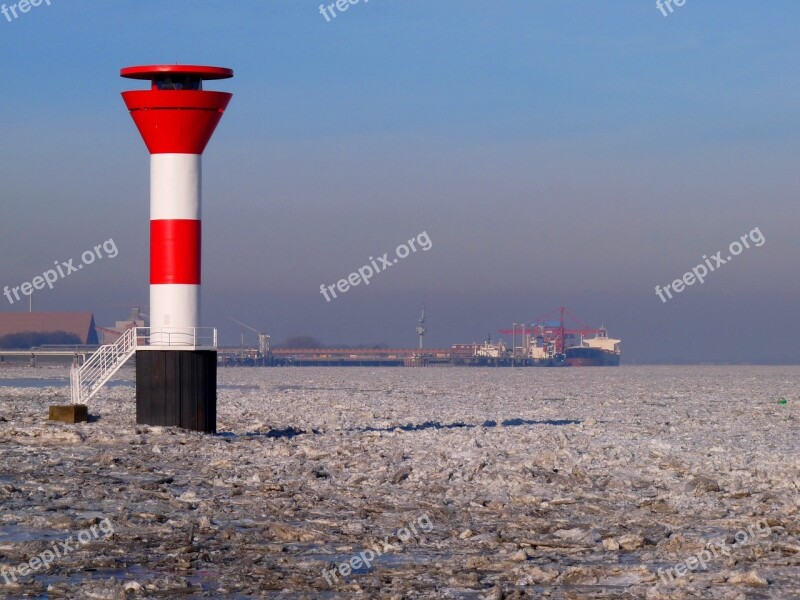 Winter Elbe River Lighthouse Water