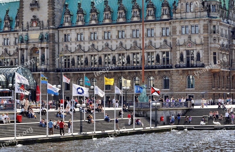 Hamburg Town Hall Crowd Flags Stairs