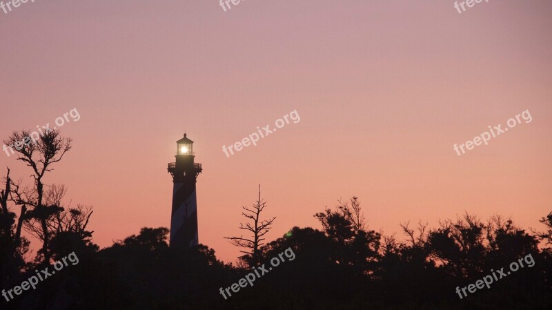 Lighthouse Sunset Evening Silhouettes Sea