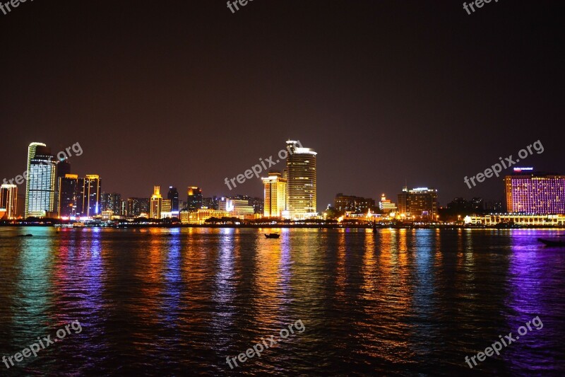 Xiamen Night View Reflection Tall Buildings Free Photos